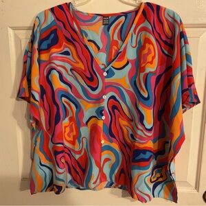 NEW-SHEIN Multicolor Swirl 1X V-NeckTop - Colorful Retro 46”C26”L